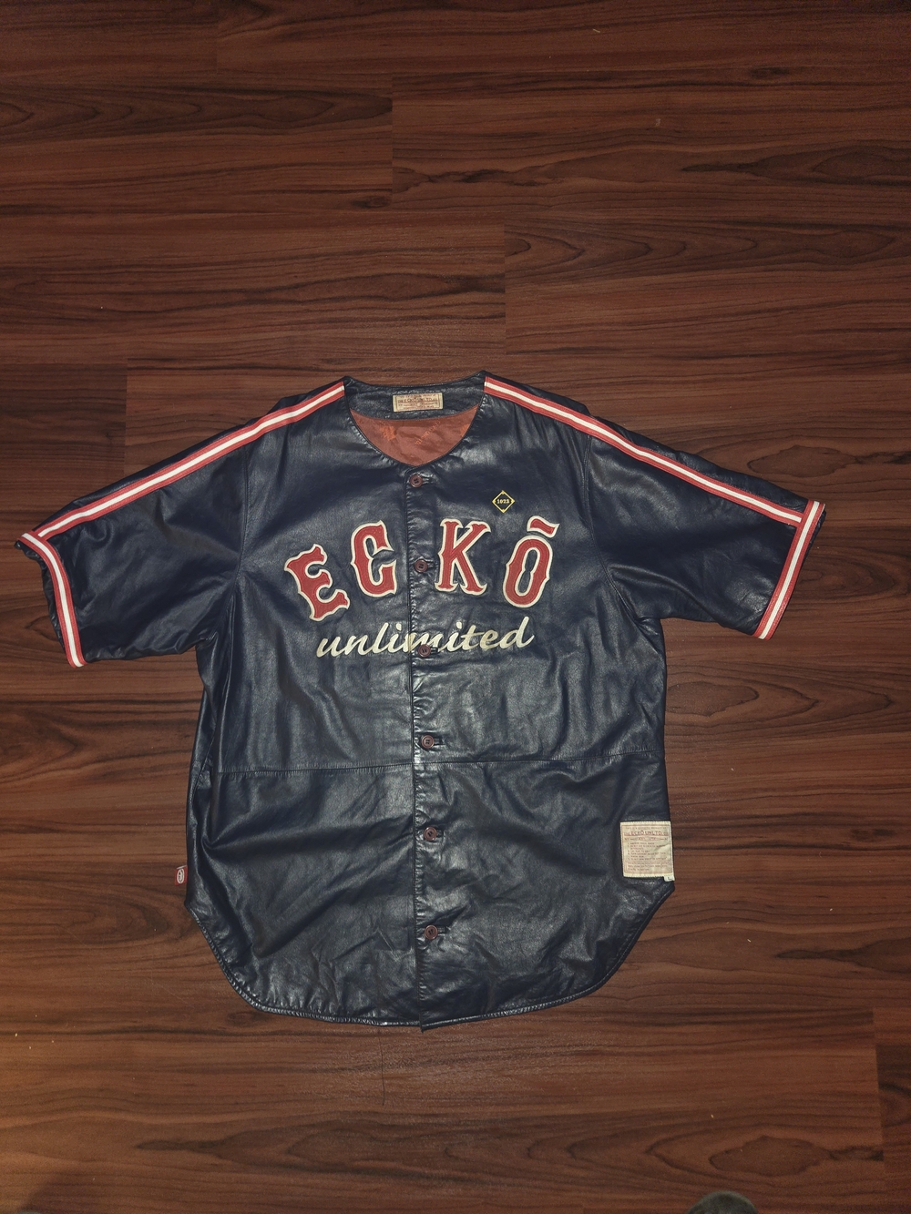 Ecko Unlimited Lambskin Navy Button Baseball Jersey with Red & White Trim